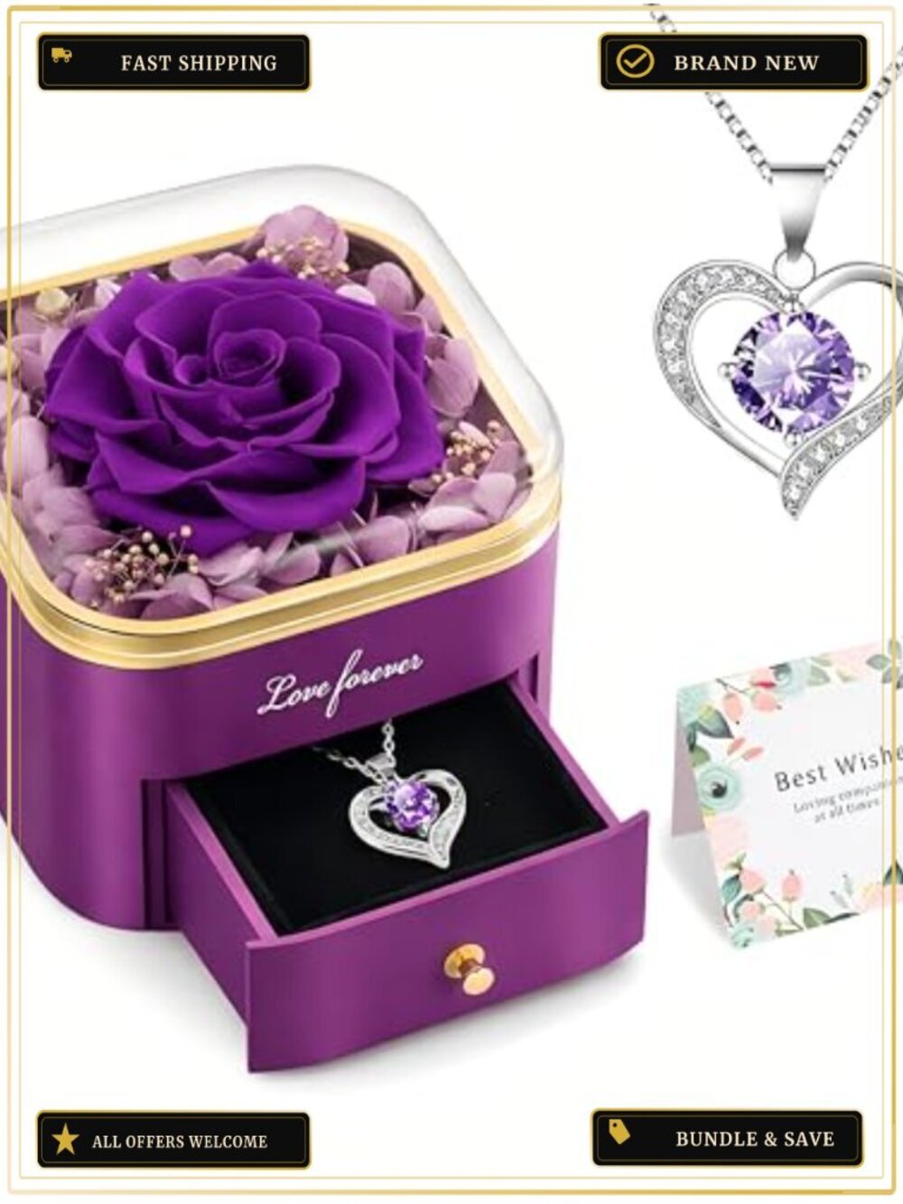 Preserved Real Rose with Heart Necklace Gift Set for Women Birthday Mother Day